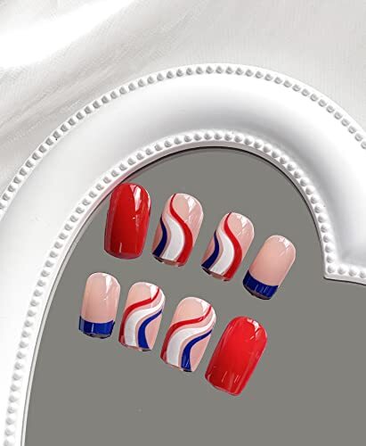 4th of July Press on Nails Extra Short Square French Tip Fake ID Nails Style7