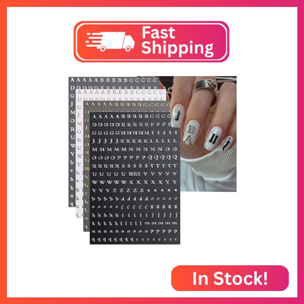 8 Sheets Letter Nail Stickers Nail Decals 3D Self-Adhesive Laser Gold Silver Let