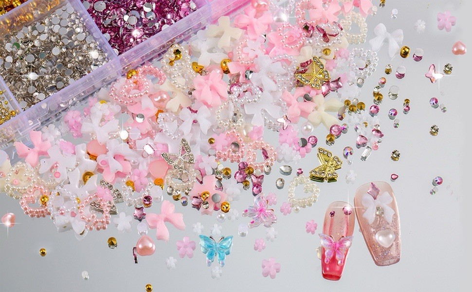 10000pcs Nail Charms And Gems, Pink Cute Bow Heart 3D Flower Charms