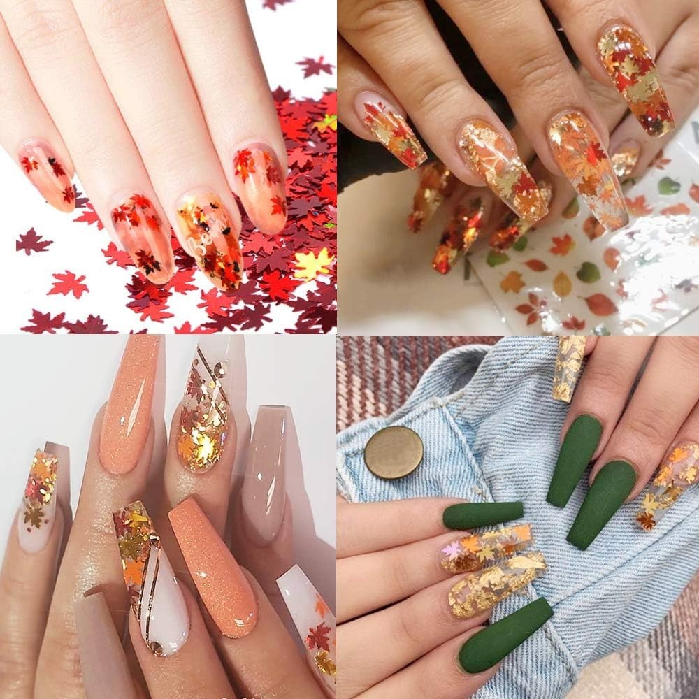 Fall Leaf Glitter Nail Sequins, 24 Colors Holographic Maple Leaf Nail Art Flakes