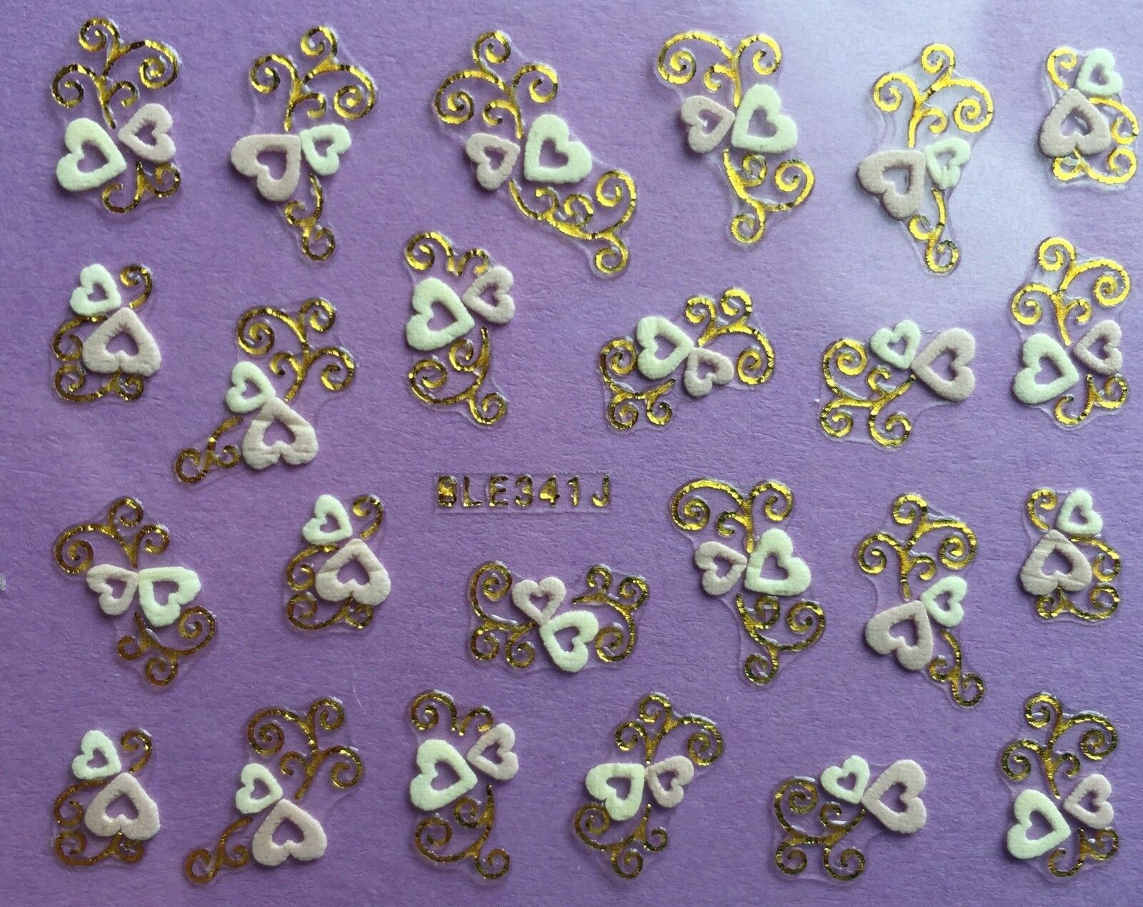 Nail Art 3D Decal Stickers White & Pink Hearts Gold Accents BLE341J