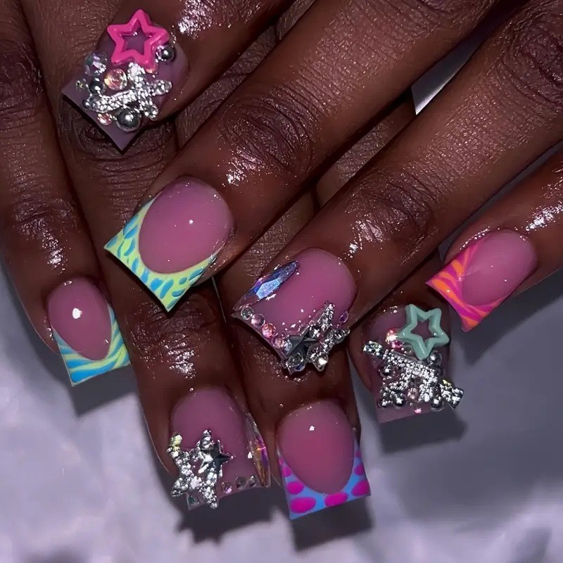 24pcs-Playful Press on Nails with Neon Accents, 3D Stars and Chunky Rhinestones