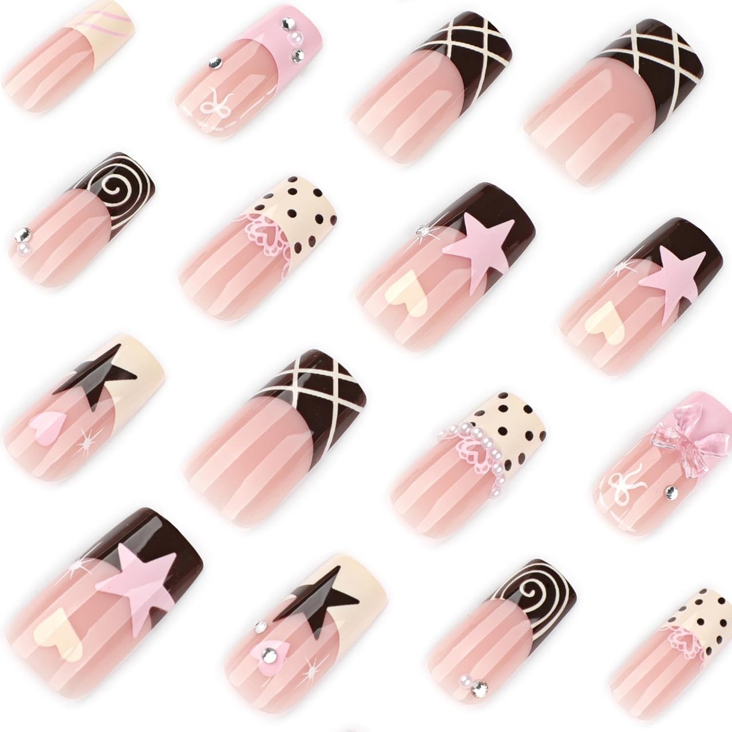 Long Square Press on Nails Sweet Y2K Fake Nail for Women 24Pcs | French Tip F…