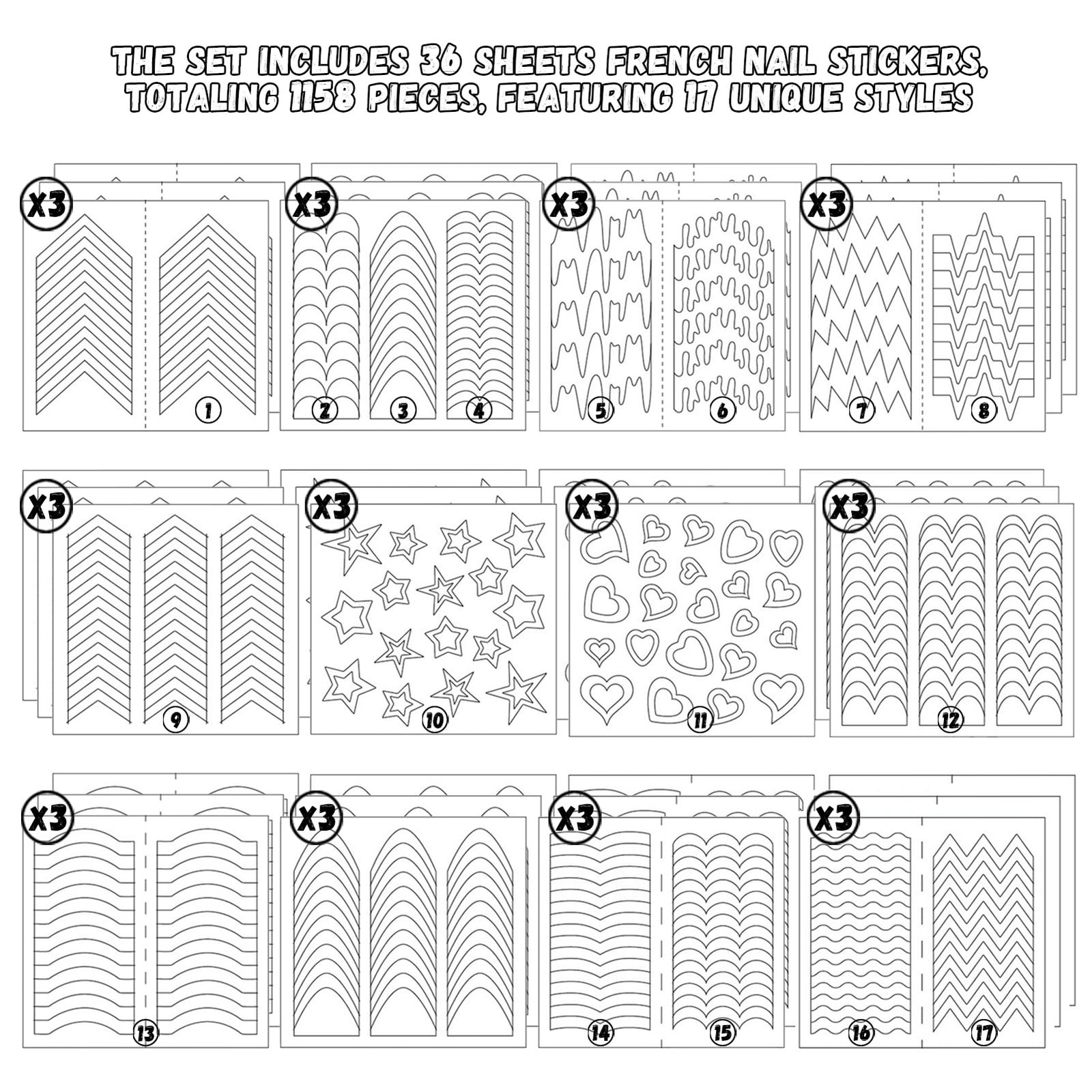 36 Sheets 1158 Pieces French Tip Nail Guides 17 Styles Nail Design Stickers S…