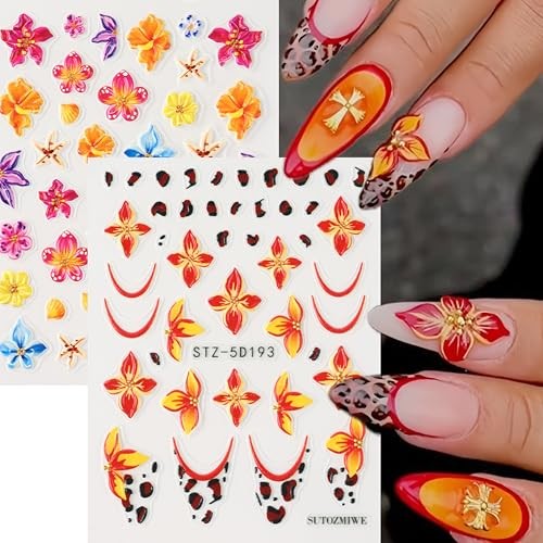 3PCS Hibiscus Flower Nail Stickers Hawaiian Flowers Nail Decals 3D Self Style08