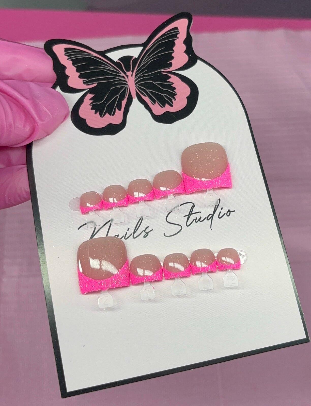 Press on toenails pink glitter French tips handmade custom builder gel nude