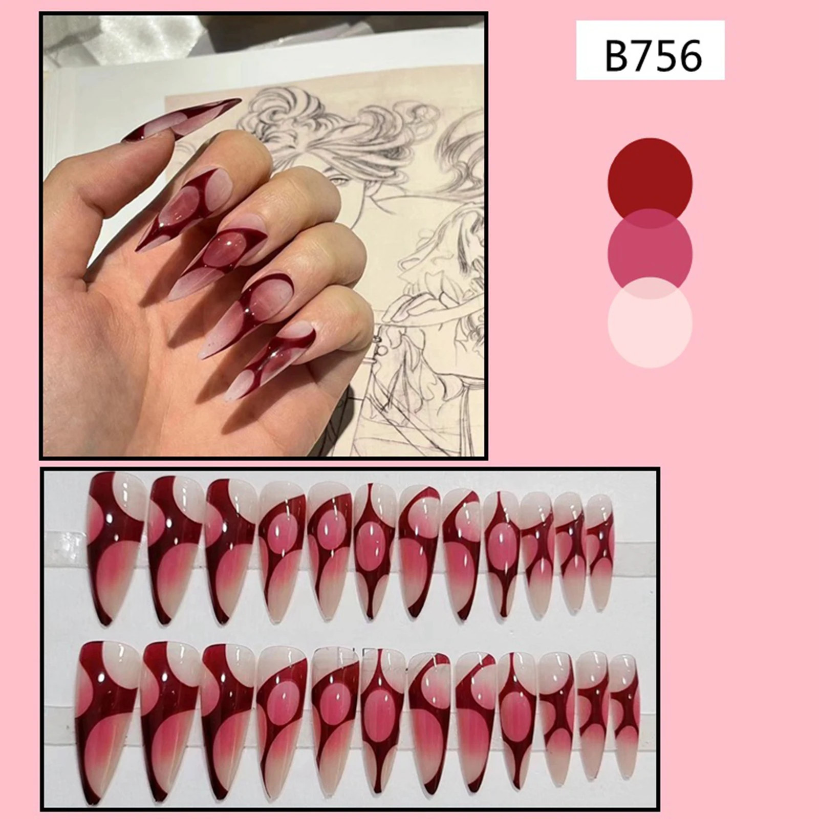 24pcs Red Blush Goth Long Stiletto Press On Nails