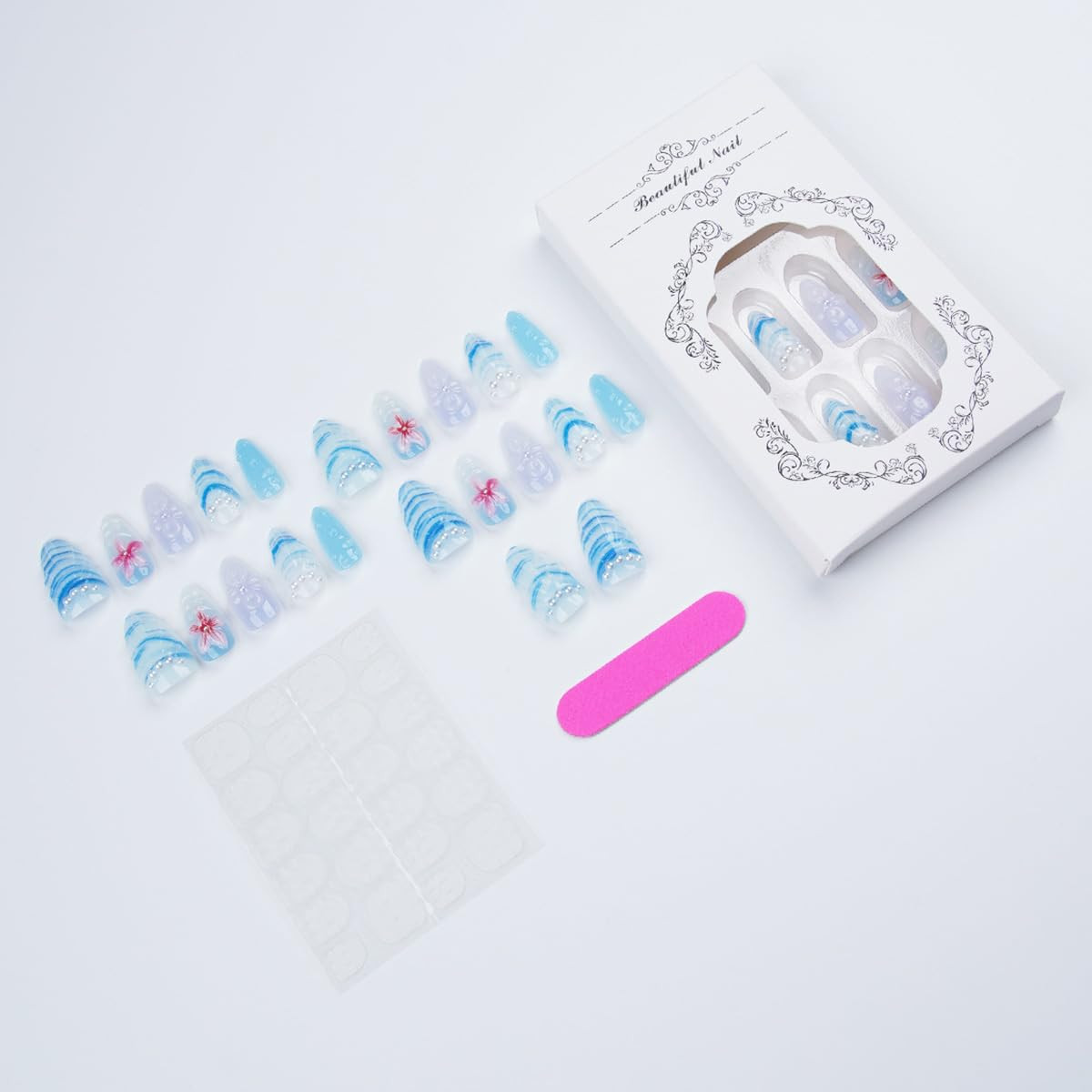 24Pcs Blue Press on Nails Medium Almond Fake Nails Summer Beach False Nails with