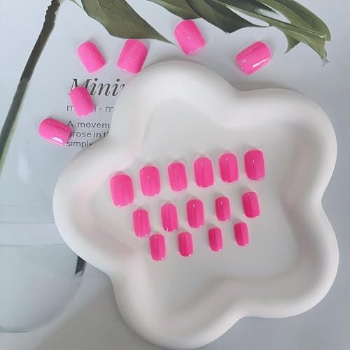 Hot Pink Press on Nails Short Square, Gel Fake Nails glossy square hot pink