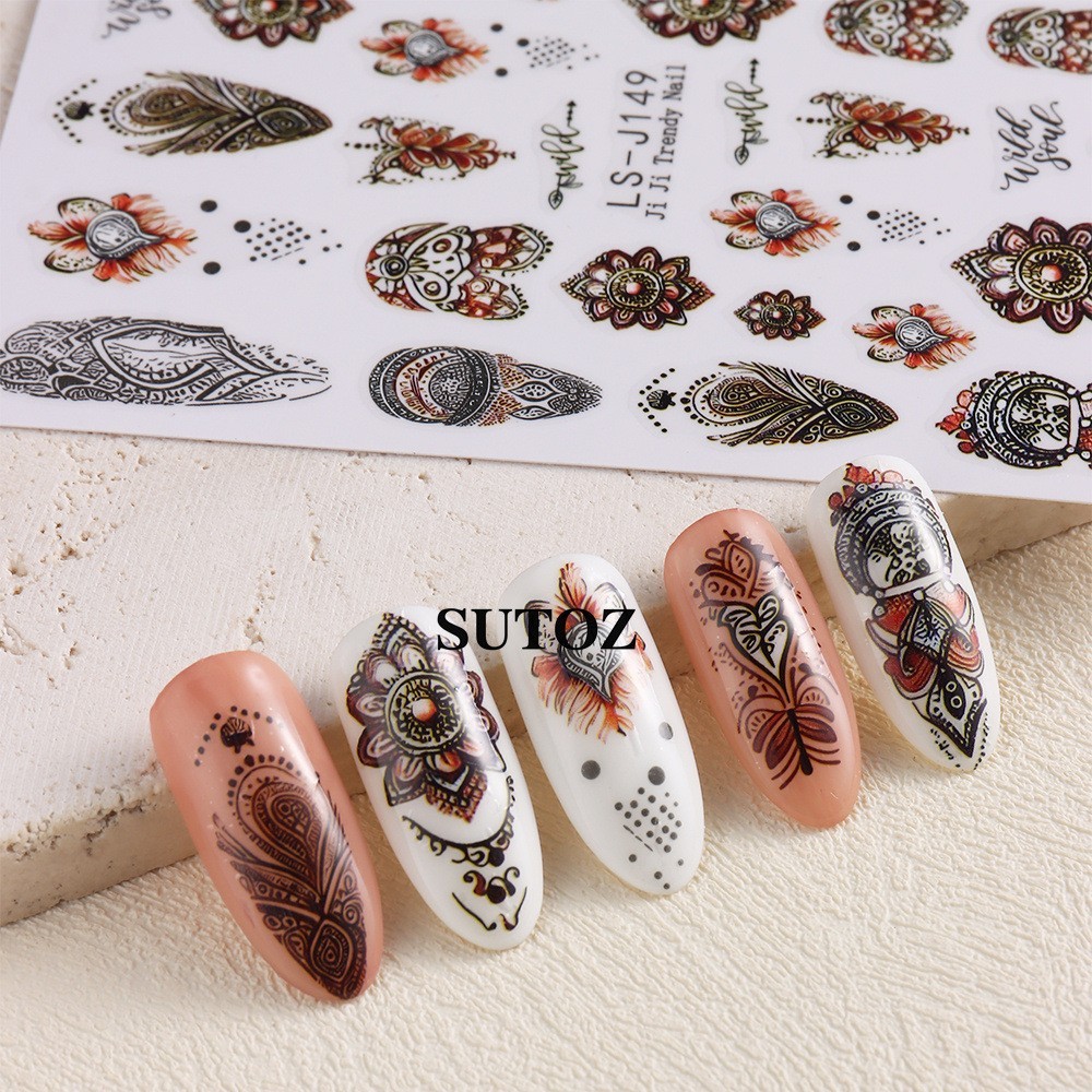 4Pcs Set Nail Art Retro Bohemian Flower Stickers Self Adhesive DIY Peel Off NH29