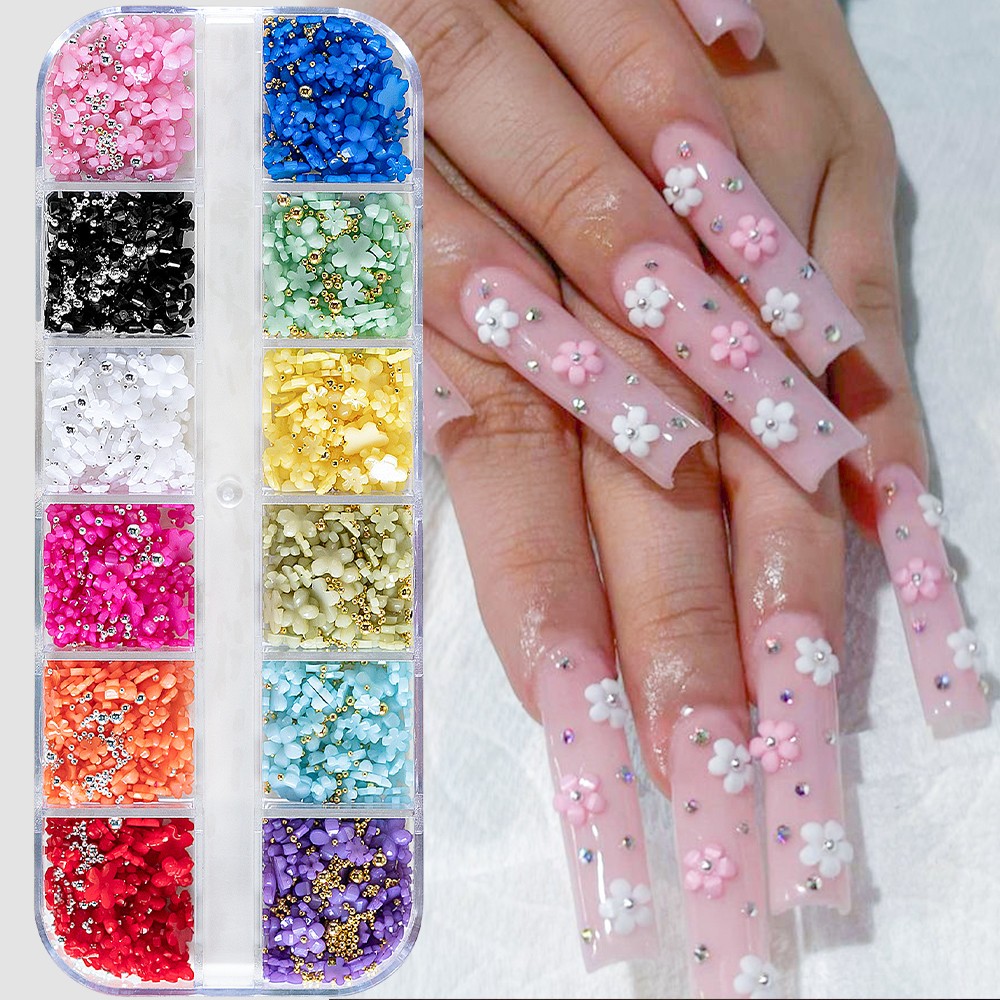 12/15Grids Acrylic Flower Nail Charms Mix Colors Set 3D Flower Nail Art Rhinesto