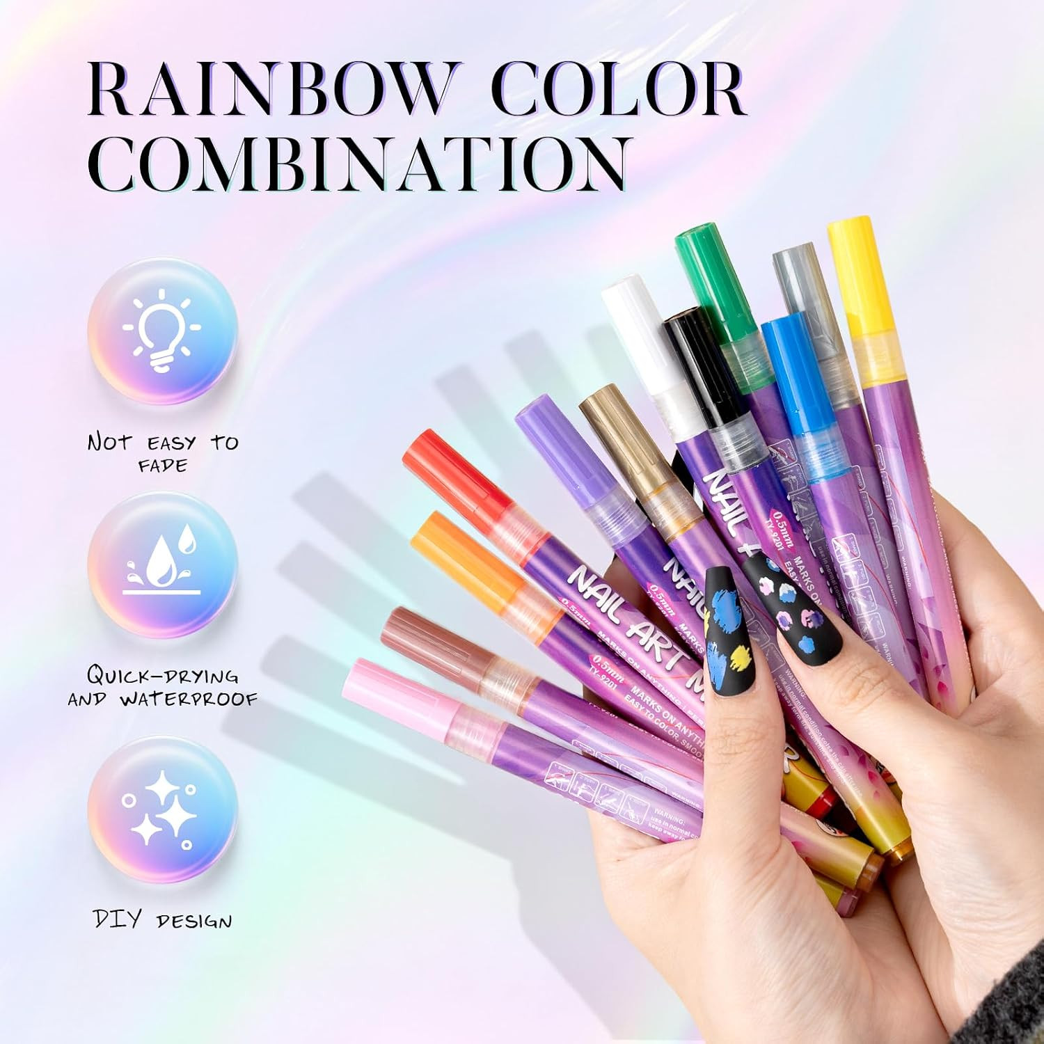 Nail Art Pens, 12 Colors 0.5Mm Fine Tip Water-Based Quick-Dry Pens for DIY Nail