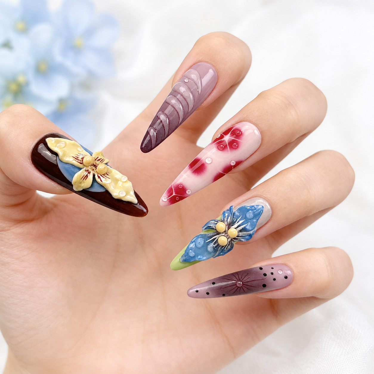 Press On Nails Extra Long Stiletto 3D Flower Butterfly Water Drop Y2K Nail Set