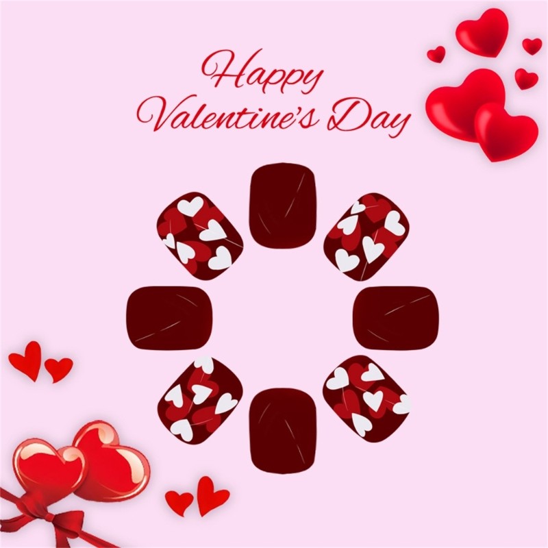 24x Heart on Nail Short Round False Nail Valentines Day Press On Nail