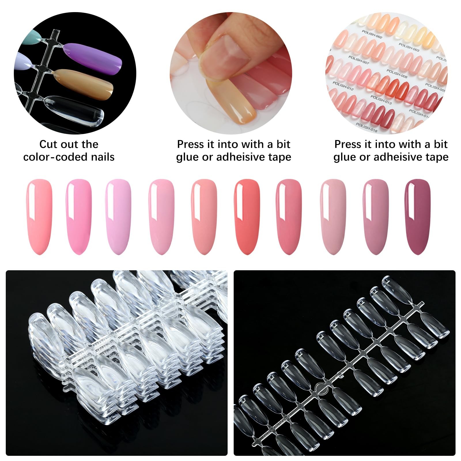 240PCS Flat Long Almond Nail Display Tips,Solid Clear Acrylic Nail Color Swat…