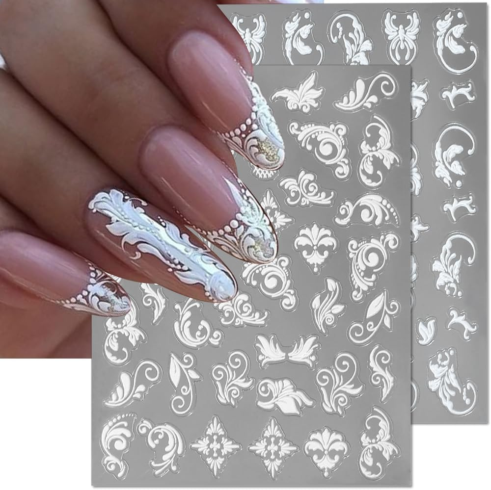 6 Sheets 5D Lace Flower Nail Stickers White Embossed Nail Art Decals DIY