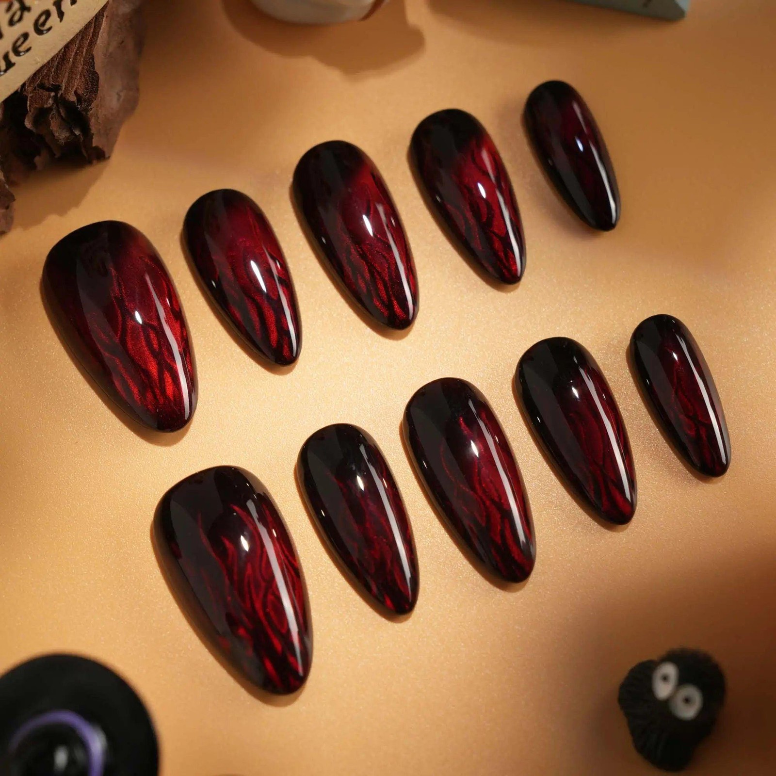 Custom Handmade Halloween Gothic Black Red Smoke Swirl Almond Press on Nails