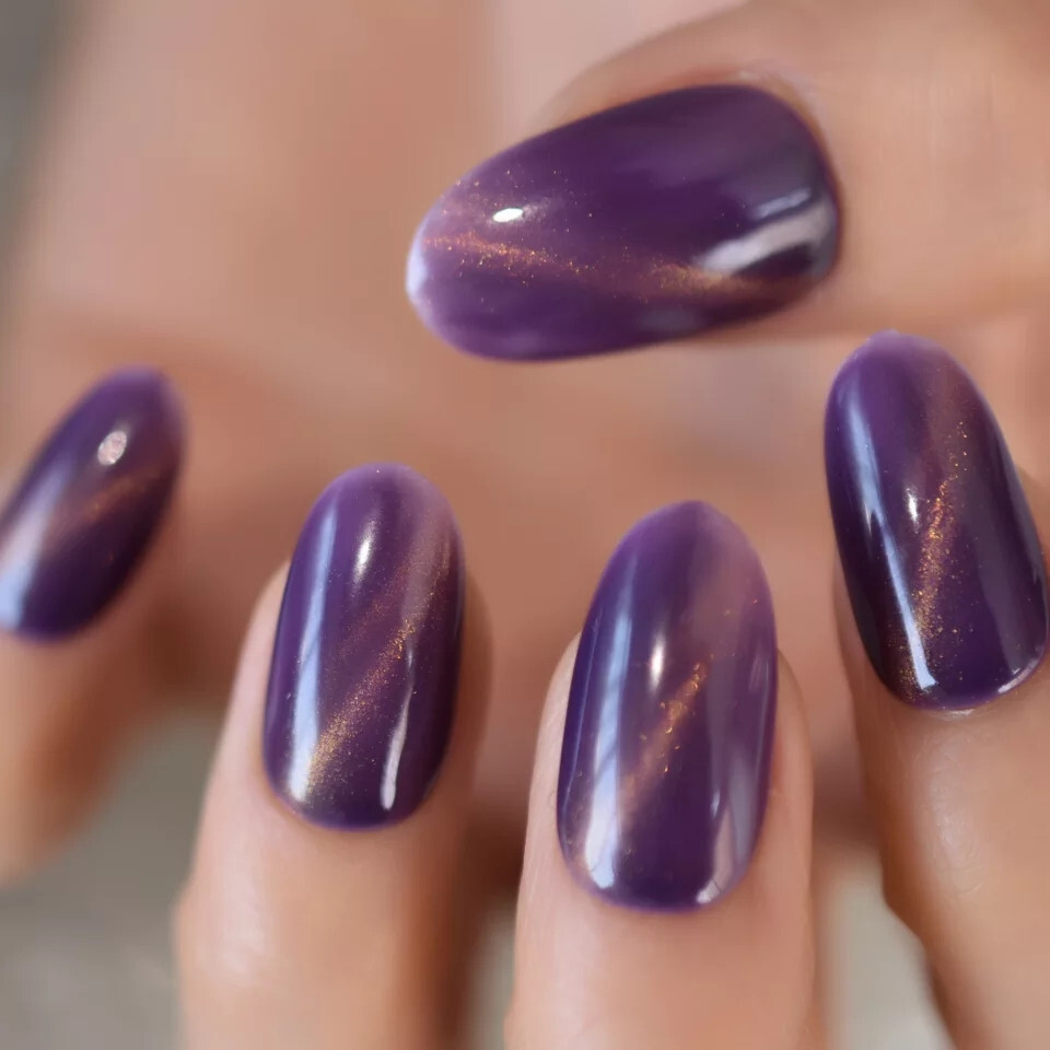 24 Medium Press on Nails kit glue on purple galaxy cat eye magnet grape almond