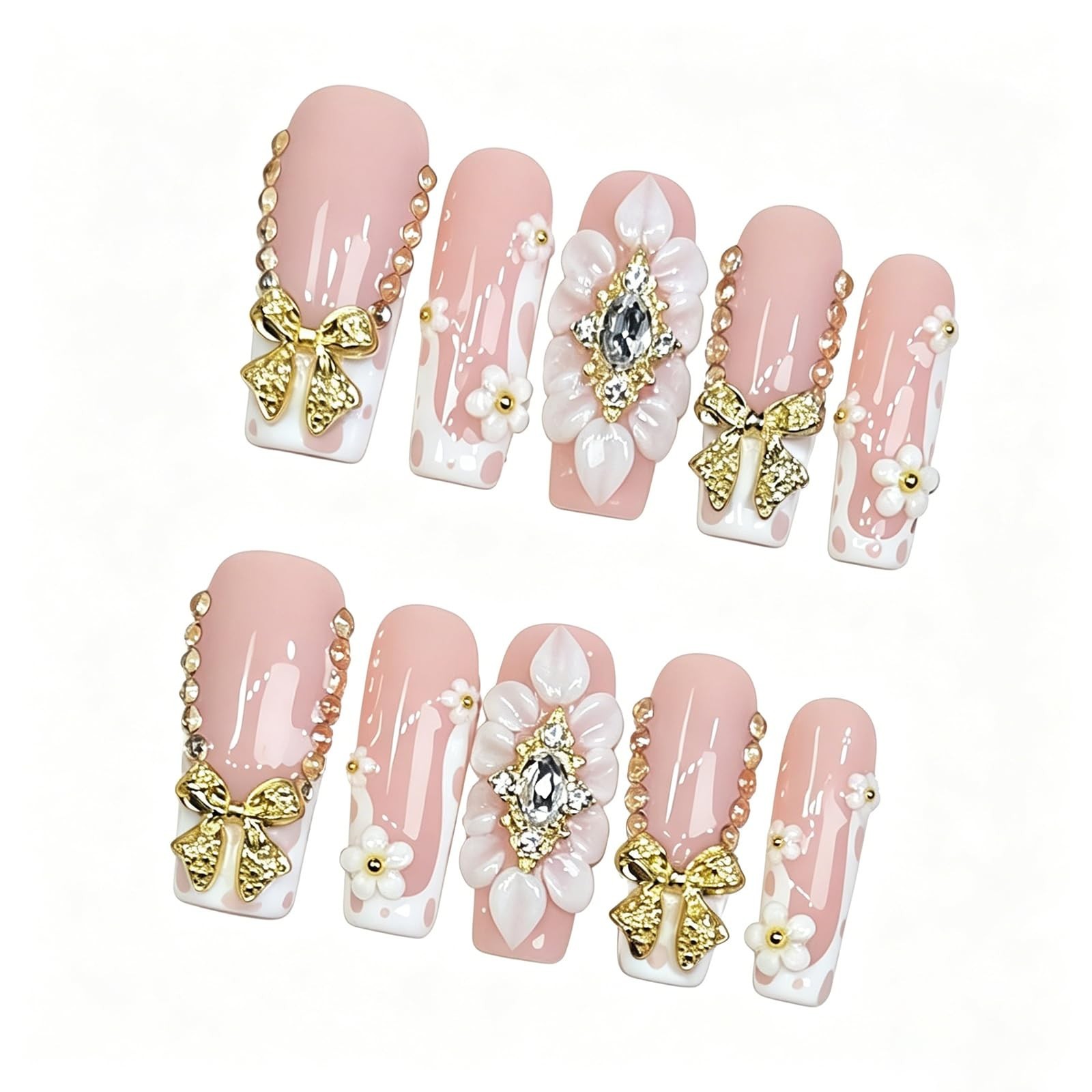 Luxury Long Square Press-On Nails – Gold Bow & 3D Flower Design, 10 Pack M