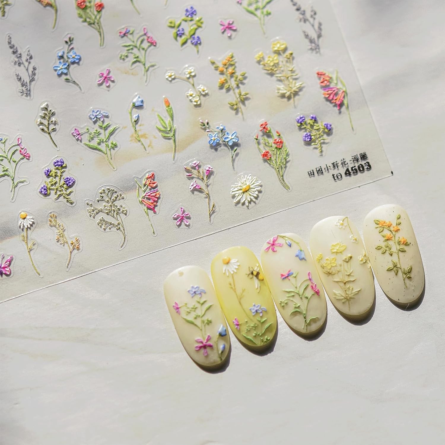 JMEOWIO 3D Embossed Flower Nail Art Stickers Decals Self-Adhesive 5D Spring Summ