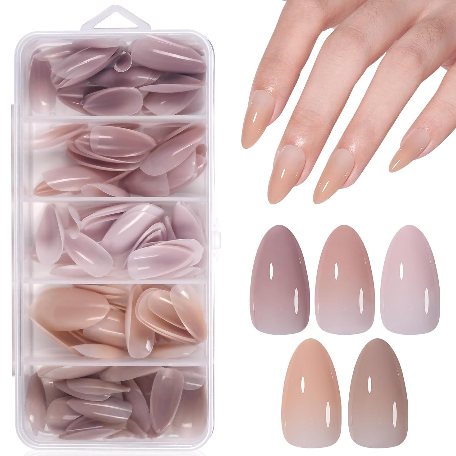 AILLSA Press on Nails Almond 140 PCS Fake Nails 4 in 1 Medium Glossy Nude Nails