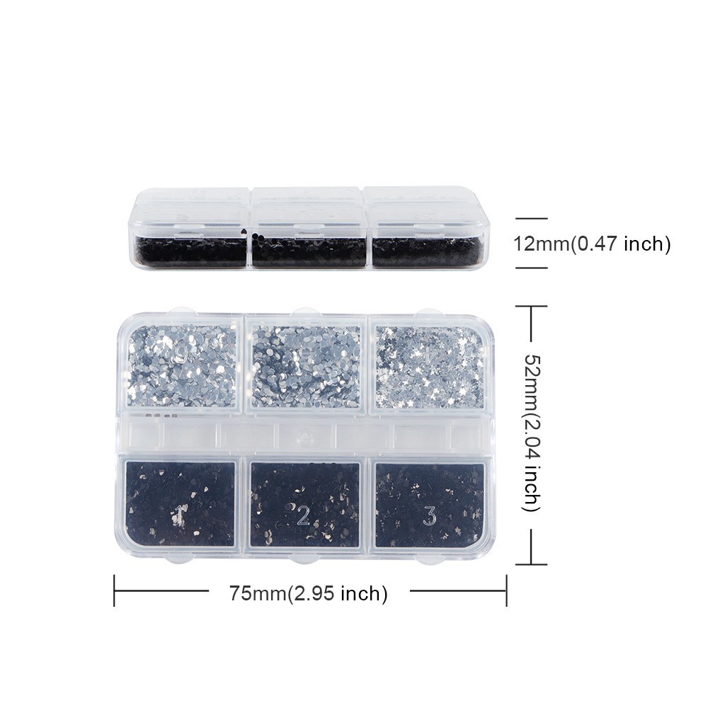 6 Grids 1MM Silver Black Nail Glitter Sequins Heart Star Flakes for Nail Art DIY