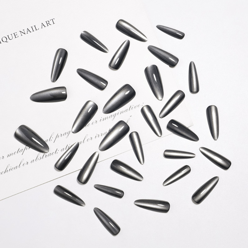 60Pcs Black Purple Cat Eye Press on Nails, Long Stiletto Glossy Fake Nails