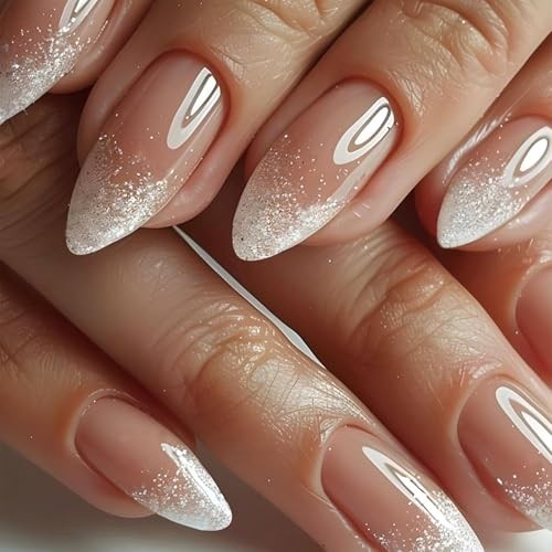 Nude White Ombre Press on Nails Almond Medium Acrylic Nails 10-Nude White Ombre