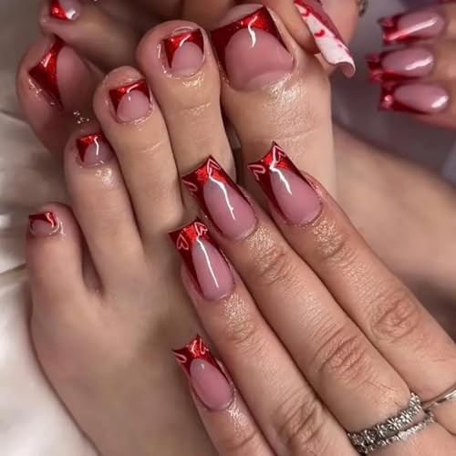 48Pcs Medium Square Press on Nails Short Square Press on Toenails Red pattern23