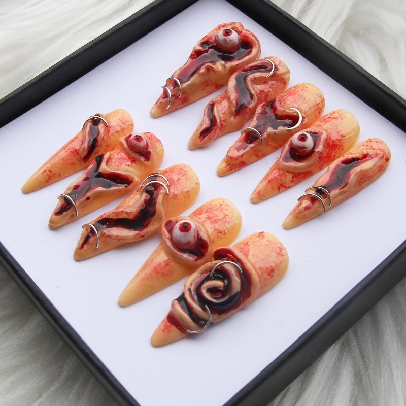 Flesh Wound Handmade Press on Nails Eyeball Piercing Scary Halloween Fake Nails