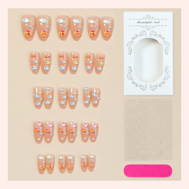 30Pcs-Medium Almond Nude Cute Summer 3D Goldfish Mini Rhinestone Press on Nails