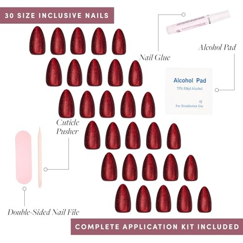 Press On Nails – | Deep Red Sparkly Short Almond Fake Nails with Ruby Slipper