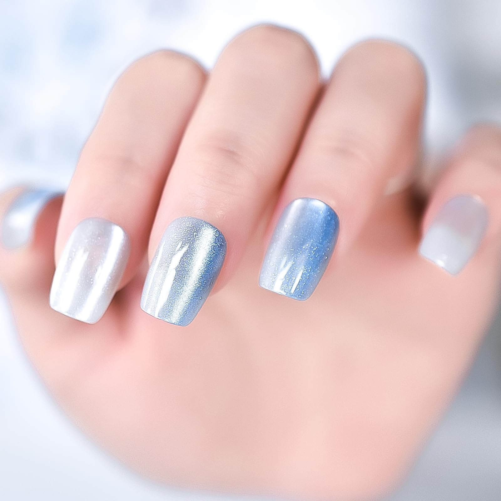 30pcs Glossy Ombre Blue Press On Nails Cat Eye Salon Manicure Medium Coffin S…