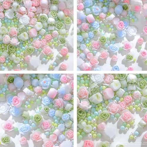 3D Flower Nail Charms, 80pcs Mixed Pearl Flower Nail Art Rhinestones Blue Pink
