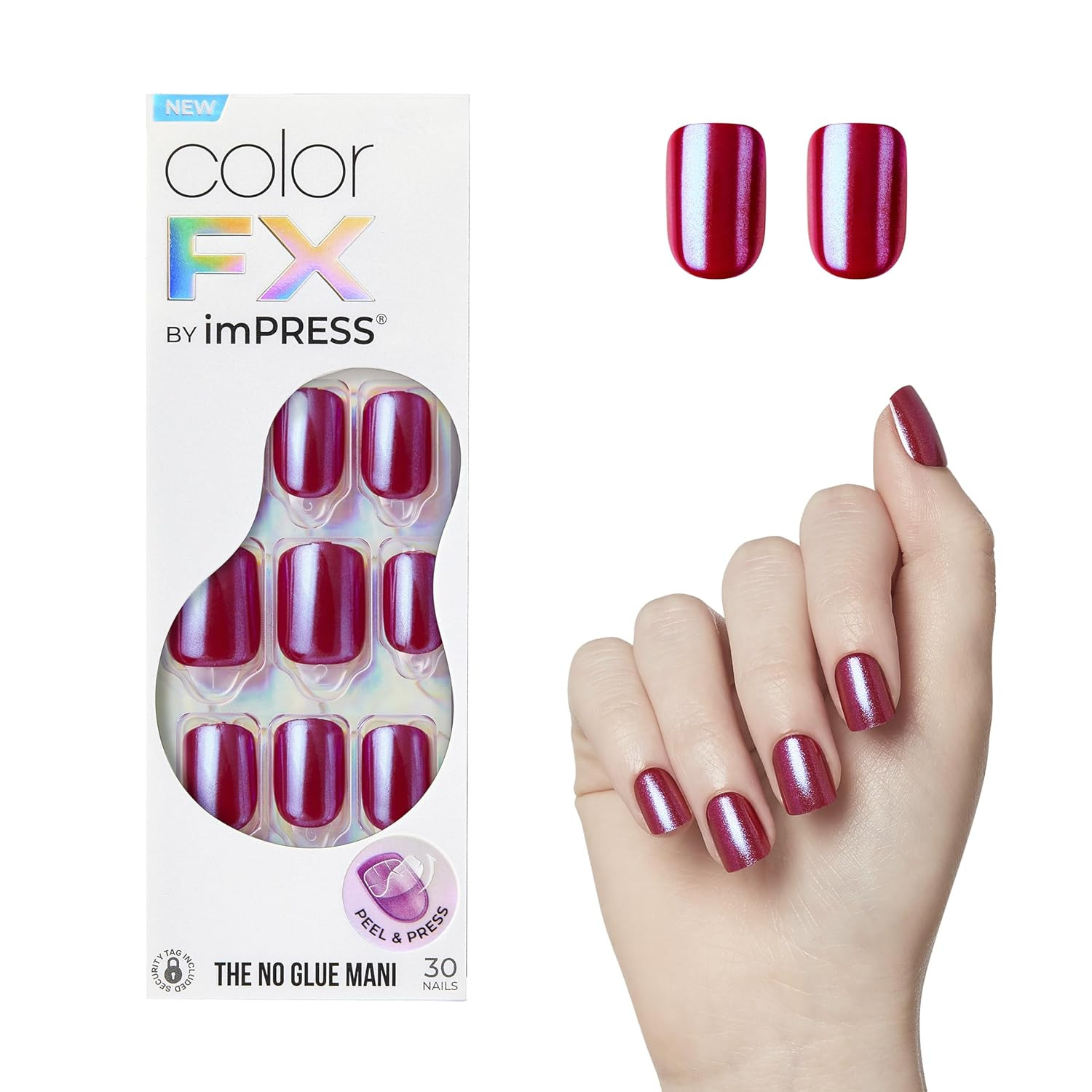 Kiss No Glue Mani Press on Nails, Color FX, ‘This City’, Red, Short Size, Squov