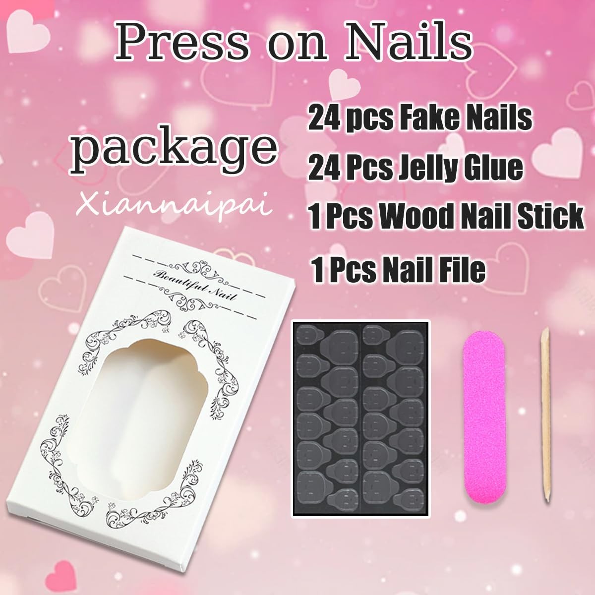 24Pcs Valentine’s Day Press on Nails Short Square French Tip Fake Nails Heart…