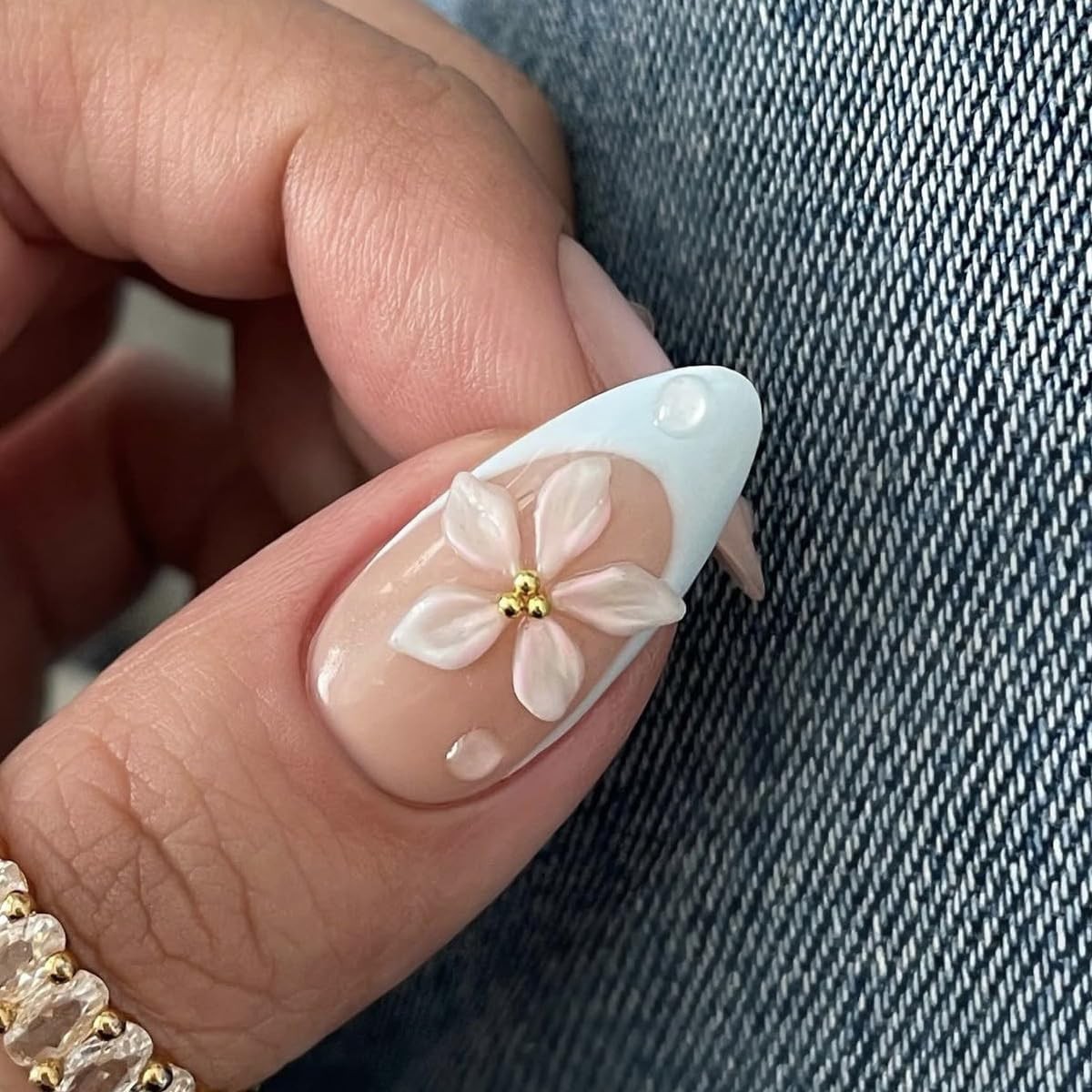 Blue French Tip Press on Nails White Flower Medium Almond Fake Nails With Pea…