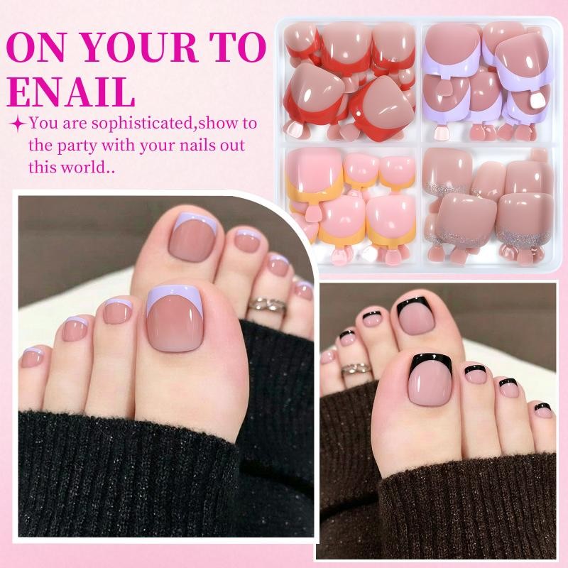96Pcs/Box Cat’s Eye Fake Toenails French Design 4 Colors Short Square Press On