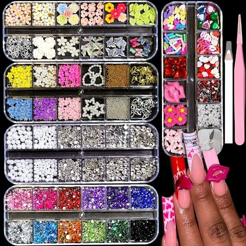 5-Box Nail Charms and Gems,Heart Lips Bow Flowers Petals Butterfly 3D Nail Art