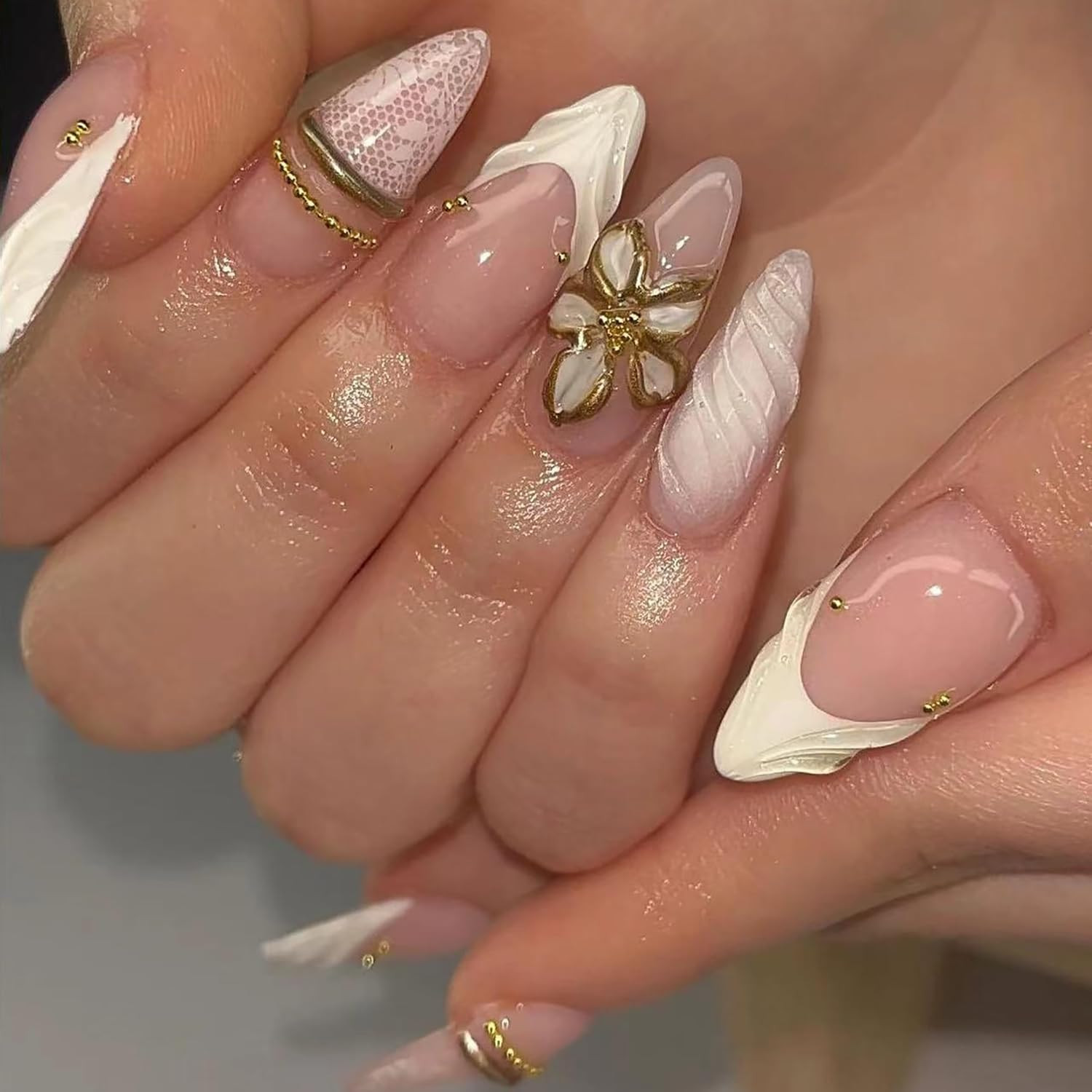 24Pcs White French Tip Press on Nails Medium Almond Fake Nails with 3D Gold Flor