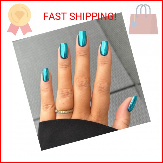 Mirror Metal Teal Blue Press on Nails Medium Short Square Chrome Glazed Short Ge