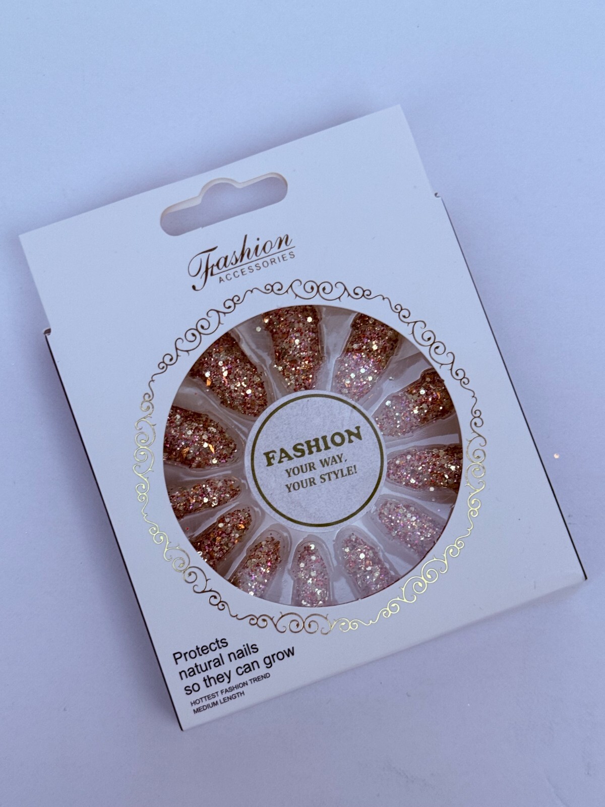 Bronze and Gold Glitter Press-On Nails – Medium Length, 12pcs Elegant Stylish