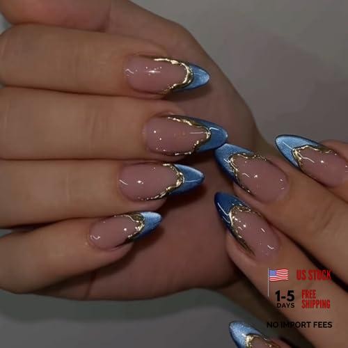 Blue French Tip Press on Nails Medium Almond Cat Eyes with Style-01