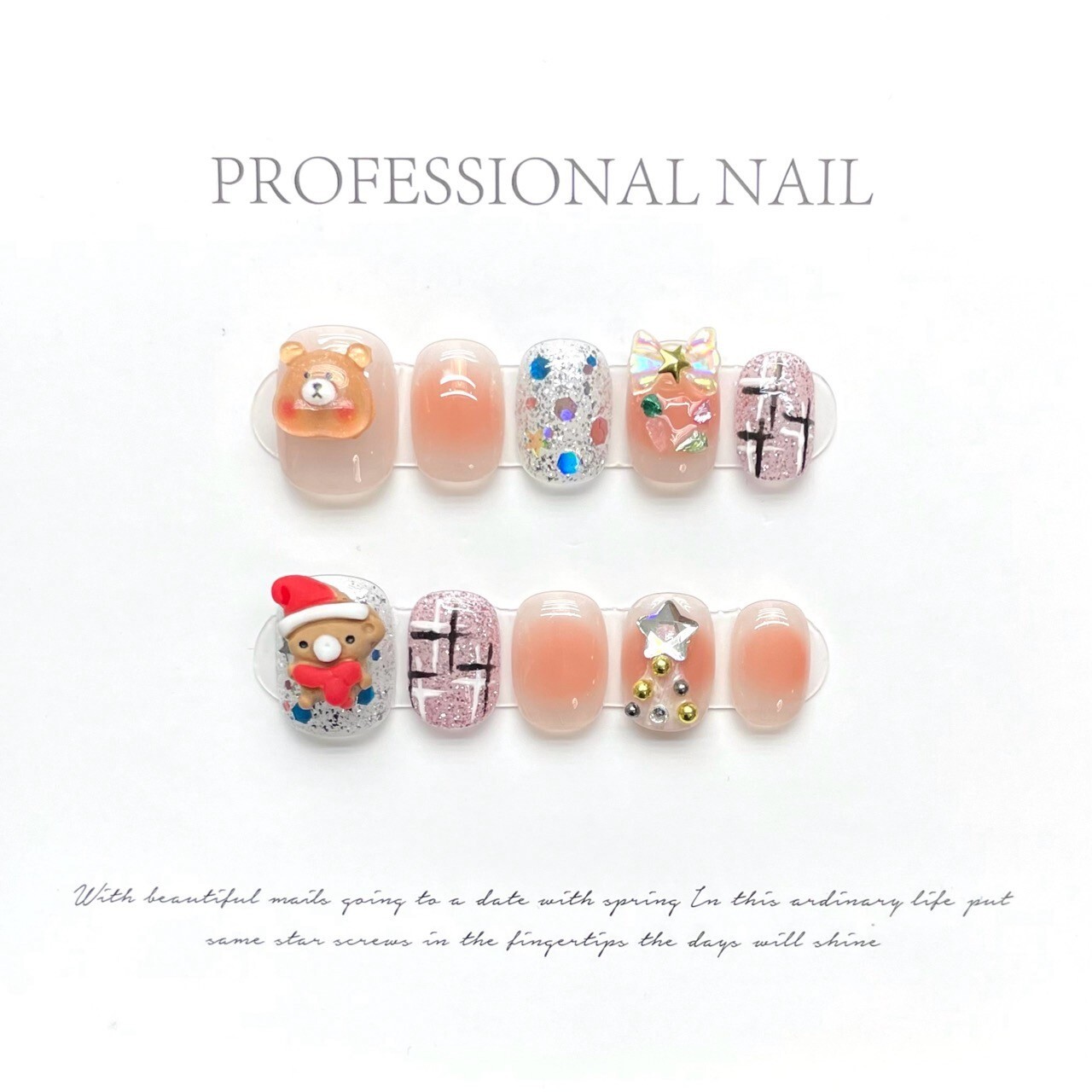 Press on nails “Adorable Christmas teddy bear style” Size: S