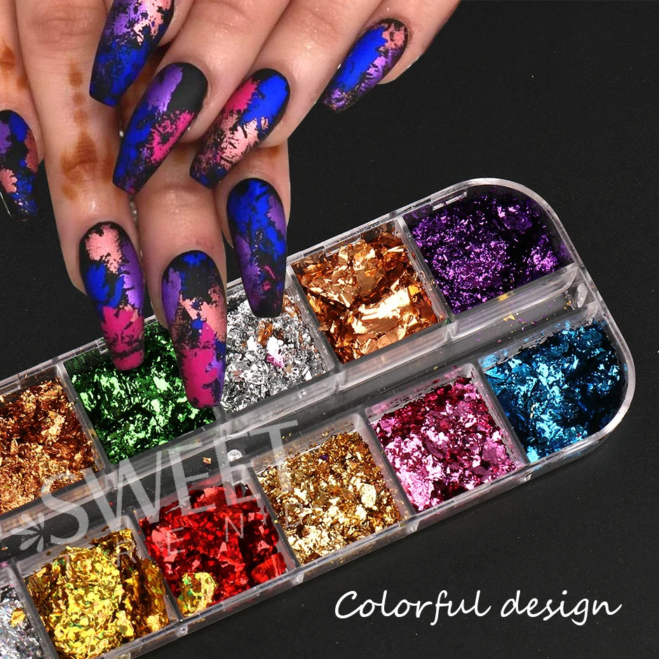 12Grids Holographic Gold Foils Nail Flakes Splendor Leaf Craft Irregular