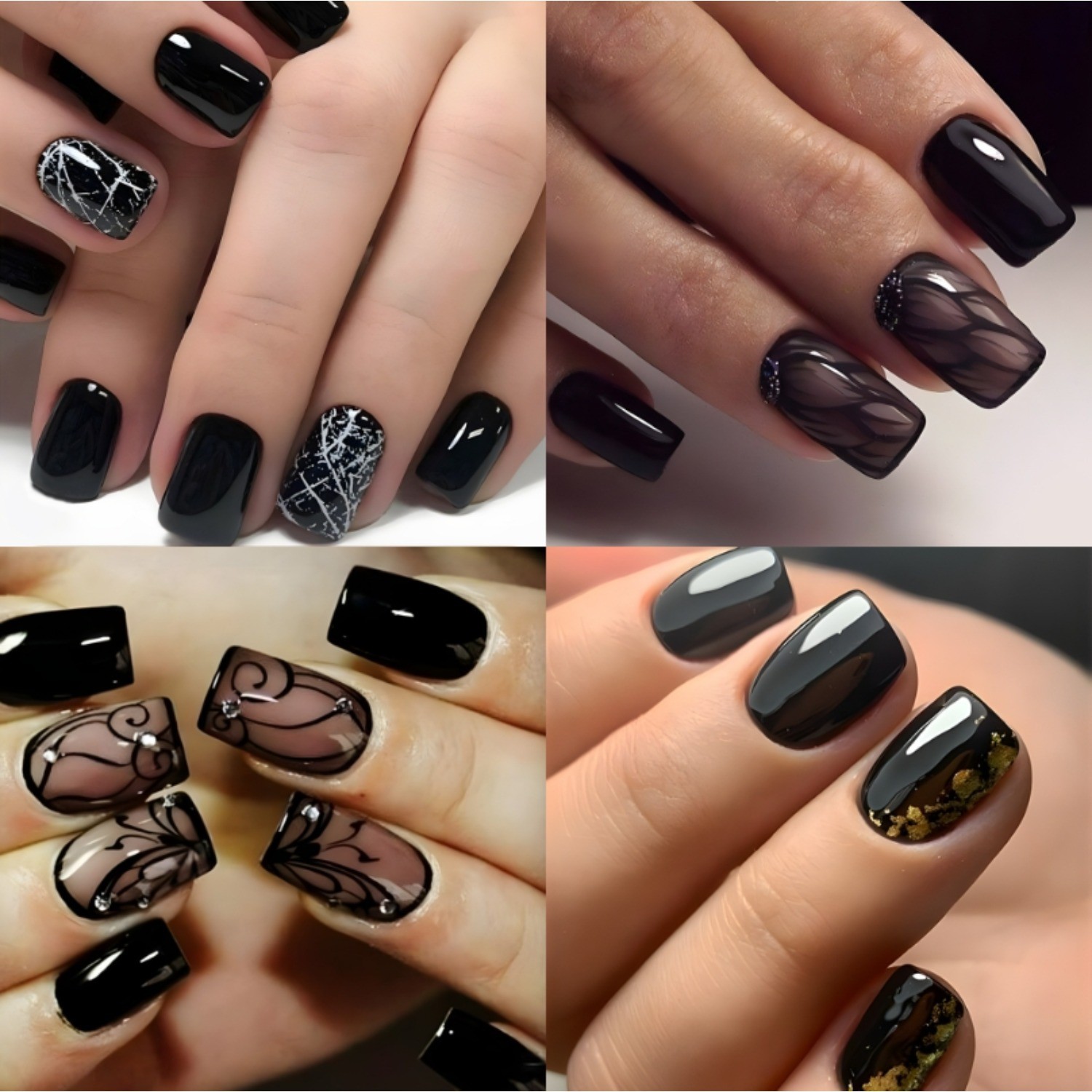 96pcs Sleek Black Press On Nails Crackle Elegant Long Fake Nails for Cool Style