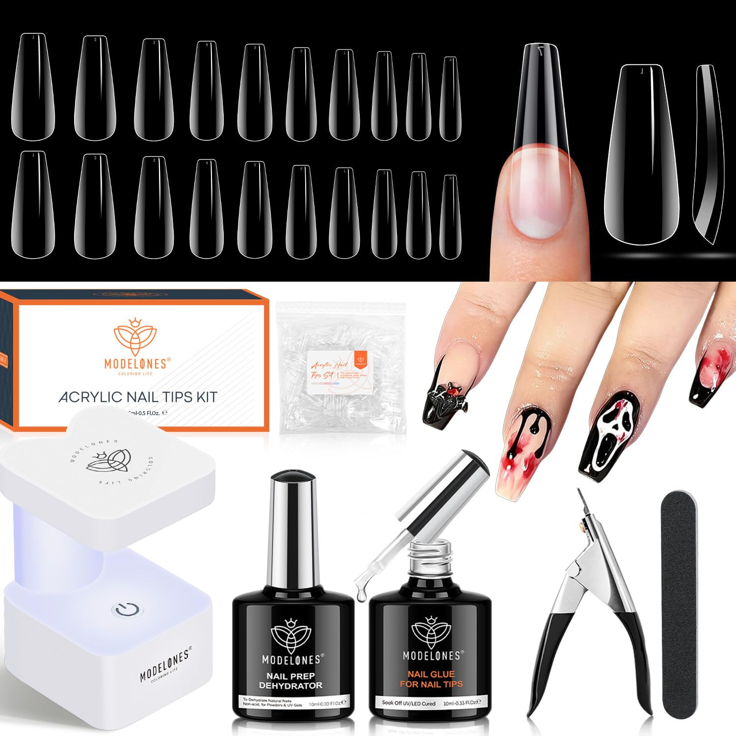 Gel Nail Kit, Fake Nails Long Coffin, 9-In-One Glue Prep Dehydrator & Portable M