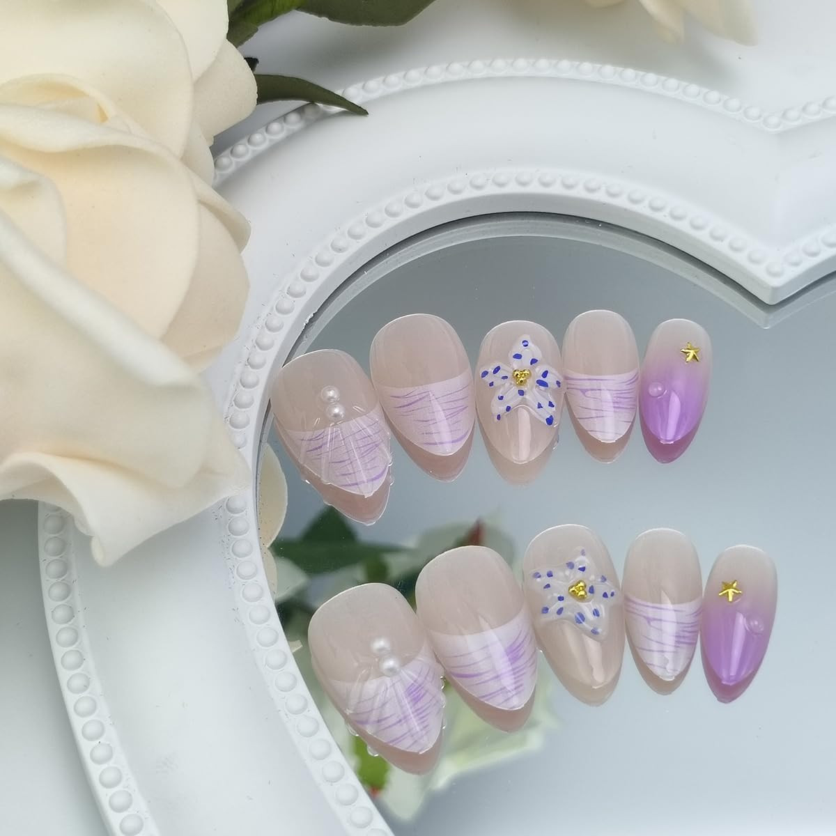 30Pcs Flower Press on Nails Short Almond French Tip Fake Nails Purple Gradient F