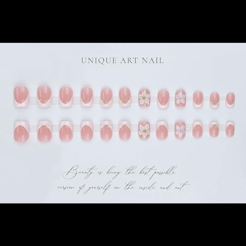 White French Tip Press on Nails 3d Flower Fake Nails with Design Short Square