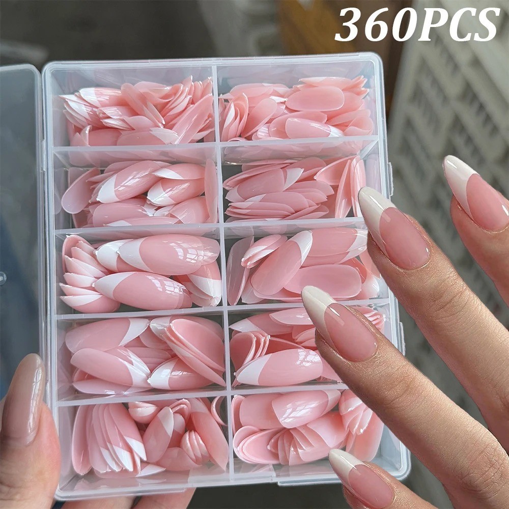 360/240/120pcs Light Pink Almond Press On Nails Glossy White French Fake Nail Si
